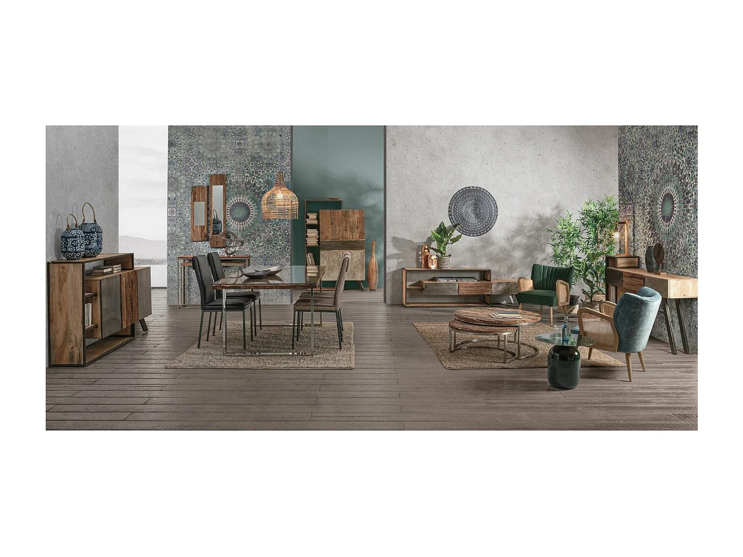 Eettafel met gerecycled massief houten blad en gehard glas op chroomstalen poten Stany 180 cm