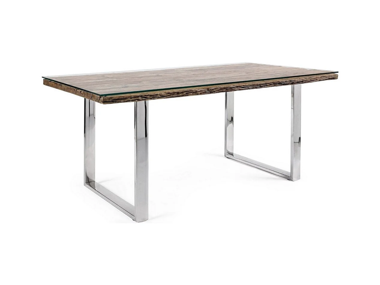 Table à manger plateau bois massif recyclé et verre trempé sur pieds acier chromé Stany 180cm