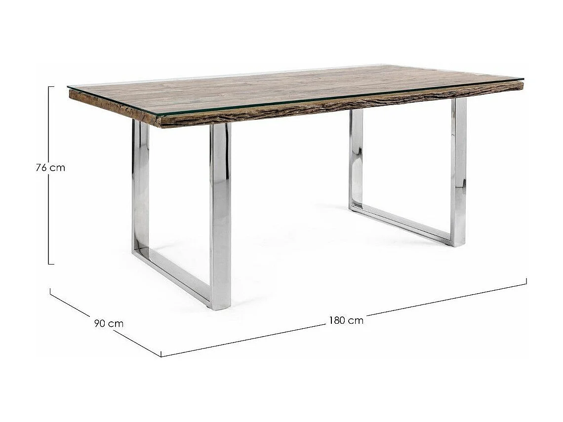 Table à manger plateau bois massif recyclé et verre trempé sur pieds acier chromé Stany 180cm