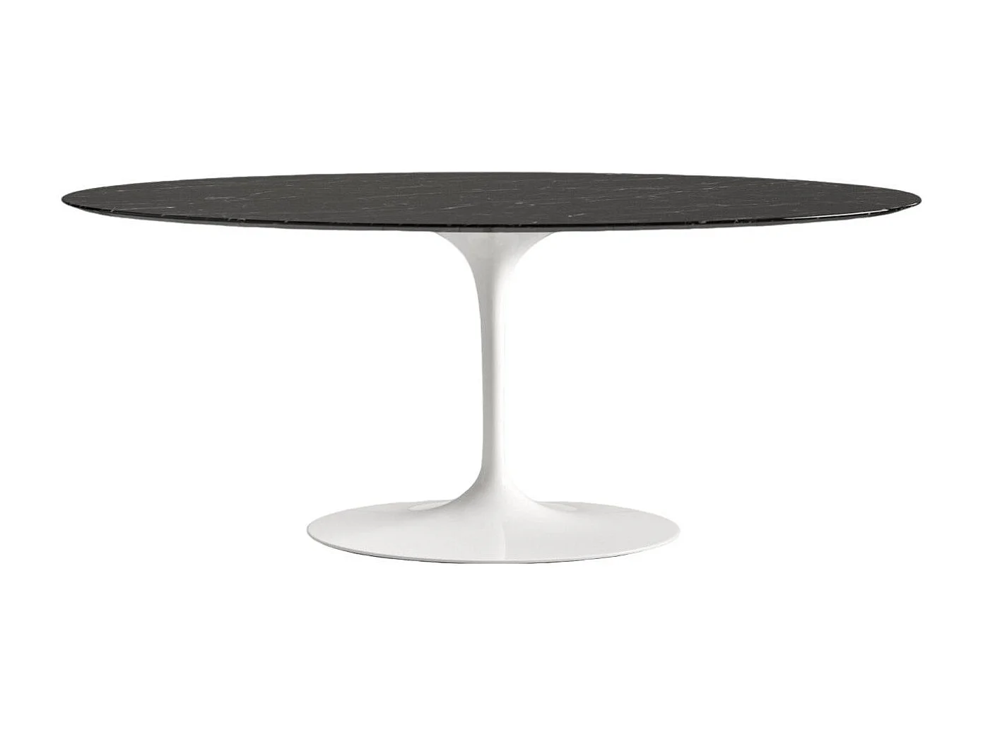 Table tulipe ovale en marbre Haute de gamme-Plateau Marbre noir Marquinia-Largeur 160 cm-Piètement Blanc brillant