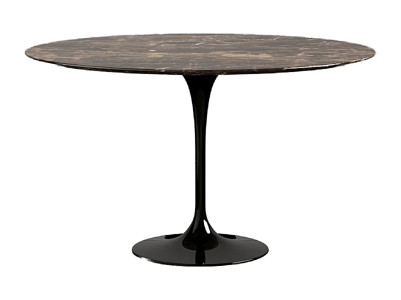 Table tulipe ronde en marbre-Plateau Marbre brun emperador-Diamètre 180 cm-Piètement Noir brillant