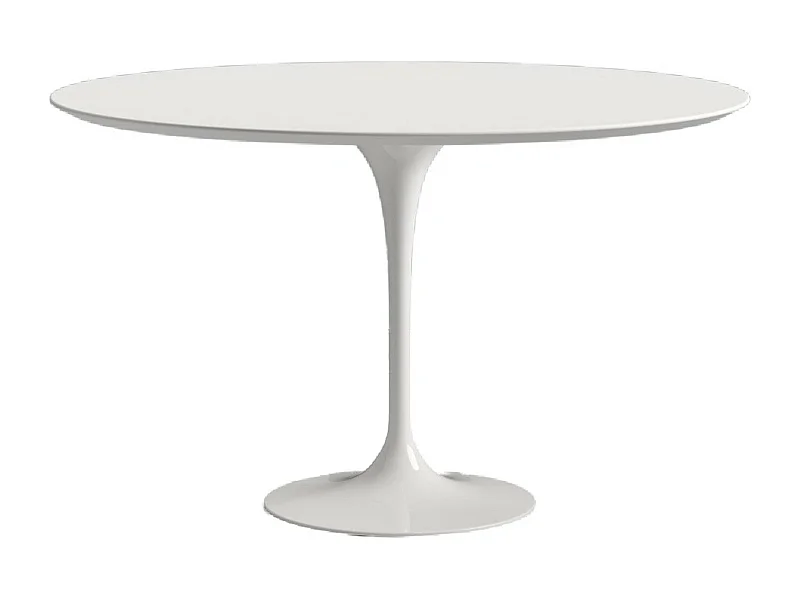 Table tulipe ronde extensible-Plateau Blanc mat-Largeur 127/177 cm-Piètement Blanc brillant