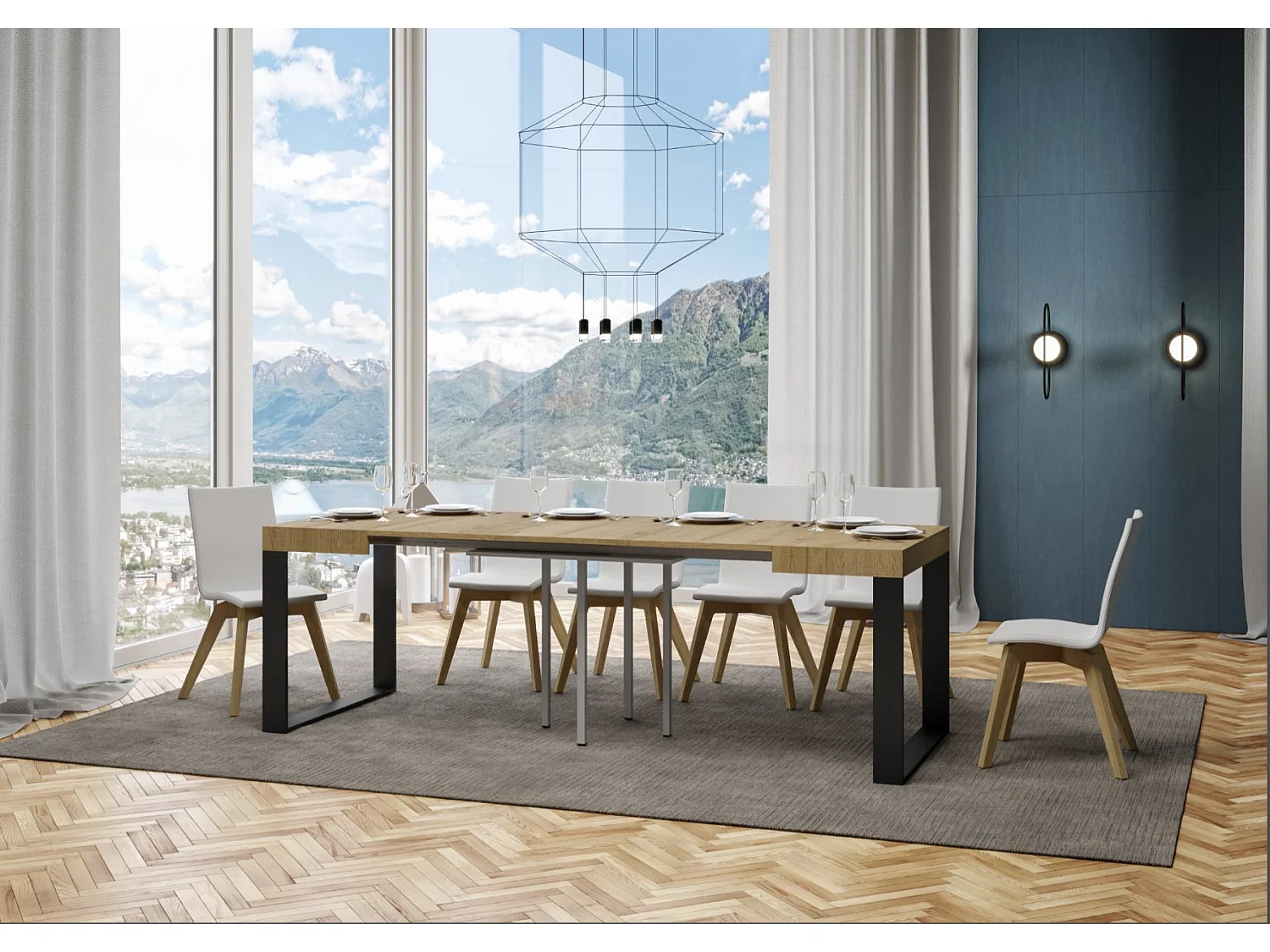 Kleine vierkante uitschuifbare tafel 90x90/246 cm Tiroz-Kleur Natuurlijk-Voet en steun op zwenkwielen-Verlengsnoeren 3 dunne verlengingen