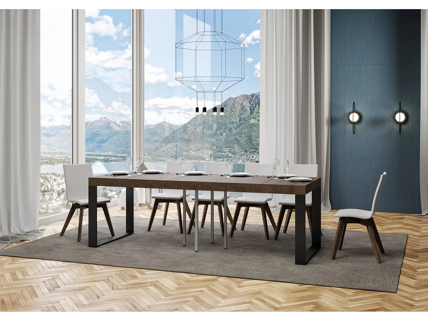 Mesa extensible cuadrada pequeña 90x90/246 cm Tiroz-Color Marrón-Soporte 4 pies-3 alargaderas gruesas