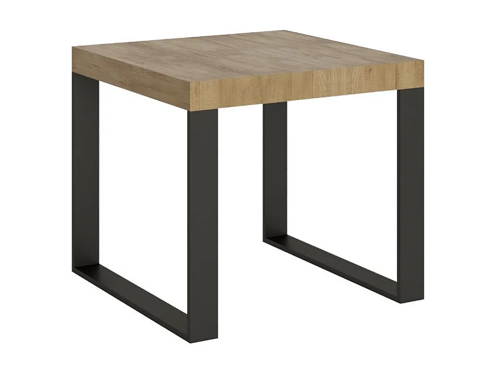 Kleine vierkante uitschuifbare tafel 90x90/246 cm Tiroz-Kleur Natuurlijk-Steun 4 voet-Verlengsnoeren 3 dunne verlengingen