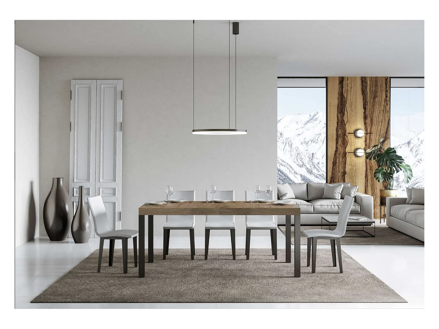 Mesa de comedor extensible Karry-Color Blanco-Soporte 4 pies-Ancho extensible