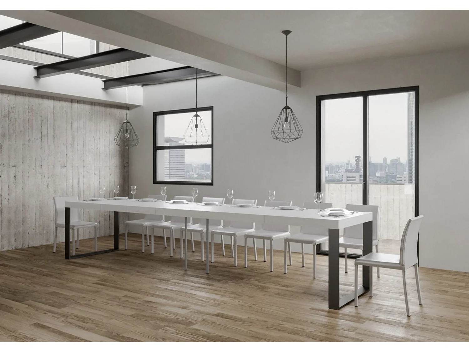 Mesa de comedor extensible tiroz-Color Blanco-Soporte 4 pies-5 alargaderas gruesas-Ancho extensible