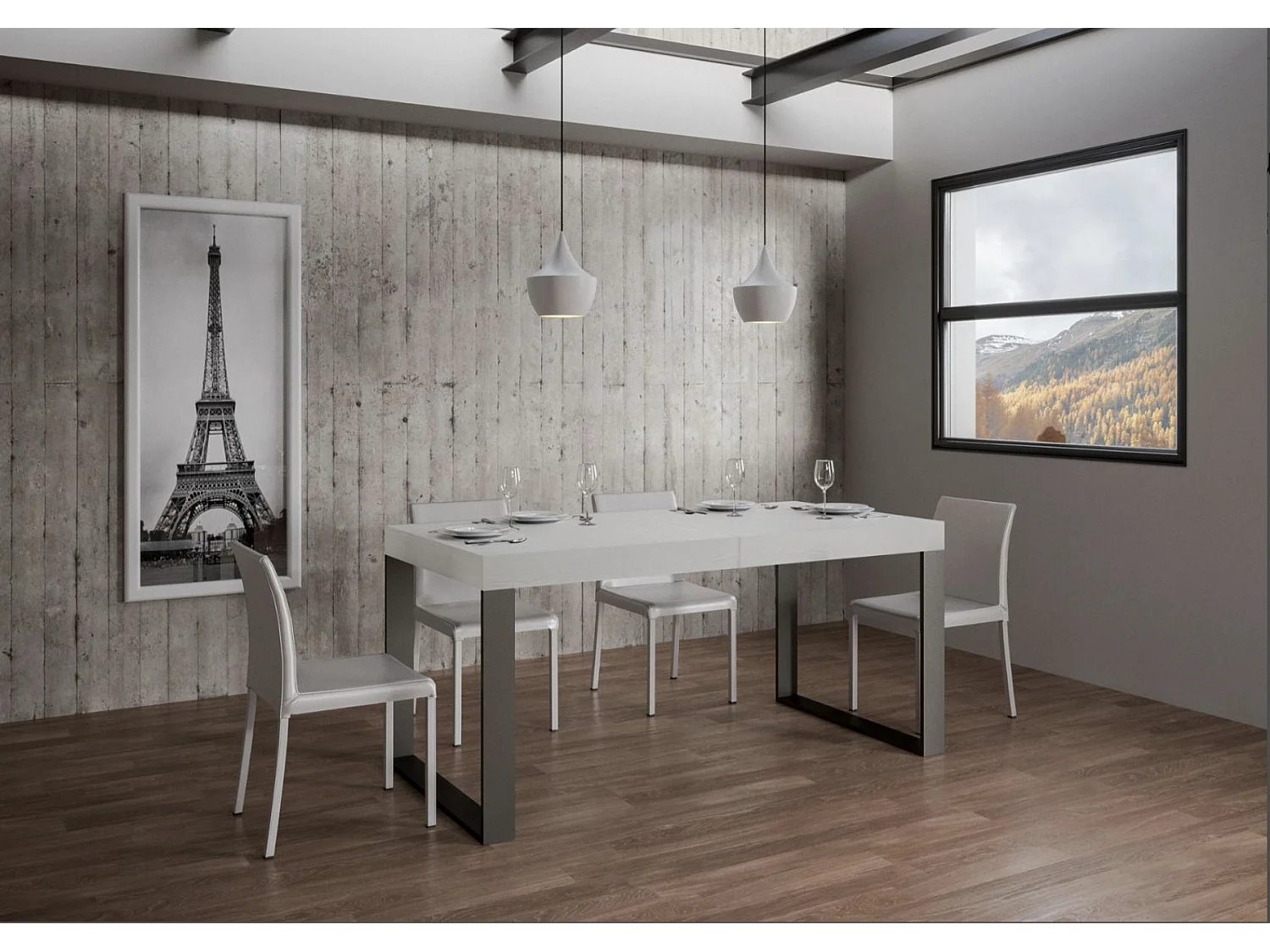 Mesa de comedor extensible tiroz-Color Blanco-Soporte 4 pies-5 alargaderas gruesas-Ancho extensible