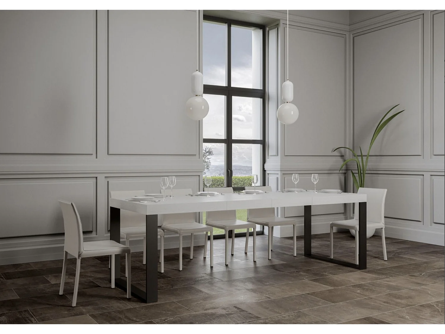 Table à manger extensible Tiroz-Couleur Blanc-4 pieds-5 rallonges épaisses-130 à 390cm