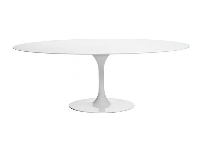 Table tulipe ovale extensible-Plateau Blanc mat-Largeur 160/220 cm-Piètement Blanc brillant