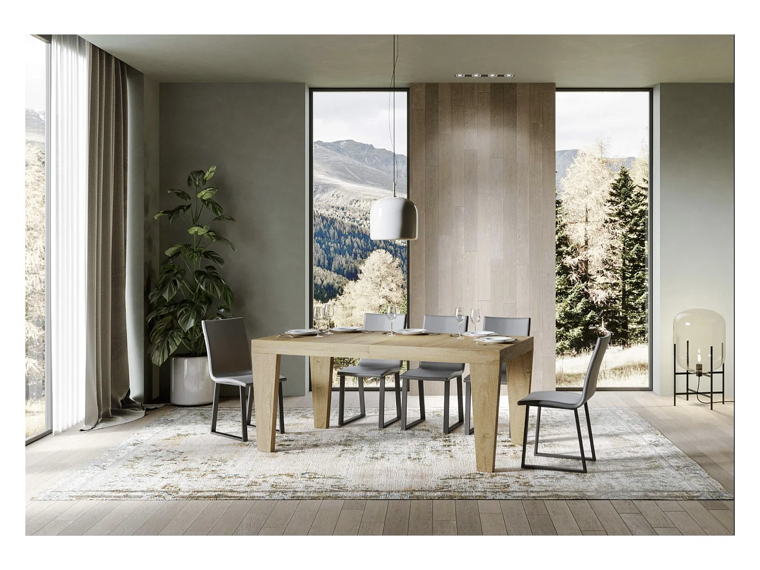 Table à manger extensible bois pieds en V Kristo-Couleur Marron-Sur roulettes-2 rallonges fines-160 à 264cm