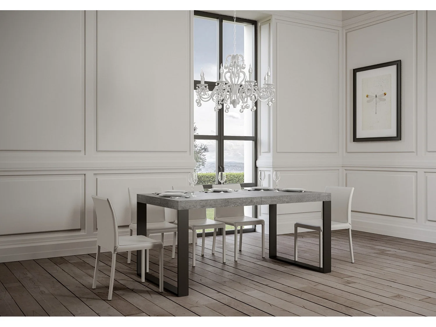 Table à manger extensible Tiroz-Couleur Gris ciment-4 pieds-2 rallonges fines-180 à 284cm