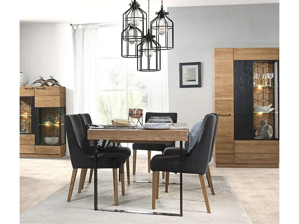Table extensible en bois de chêne miel et acier noir Mazora 160 à 220cm