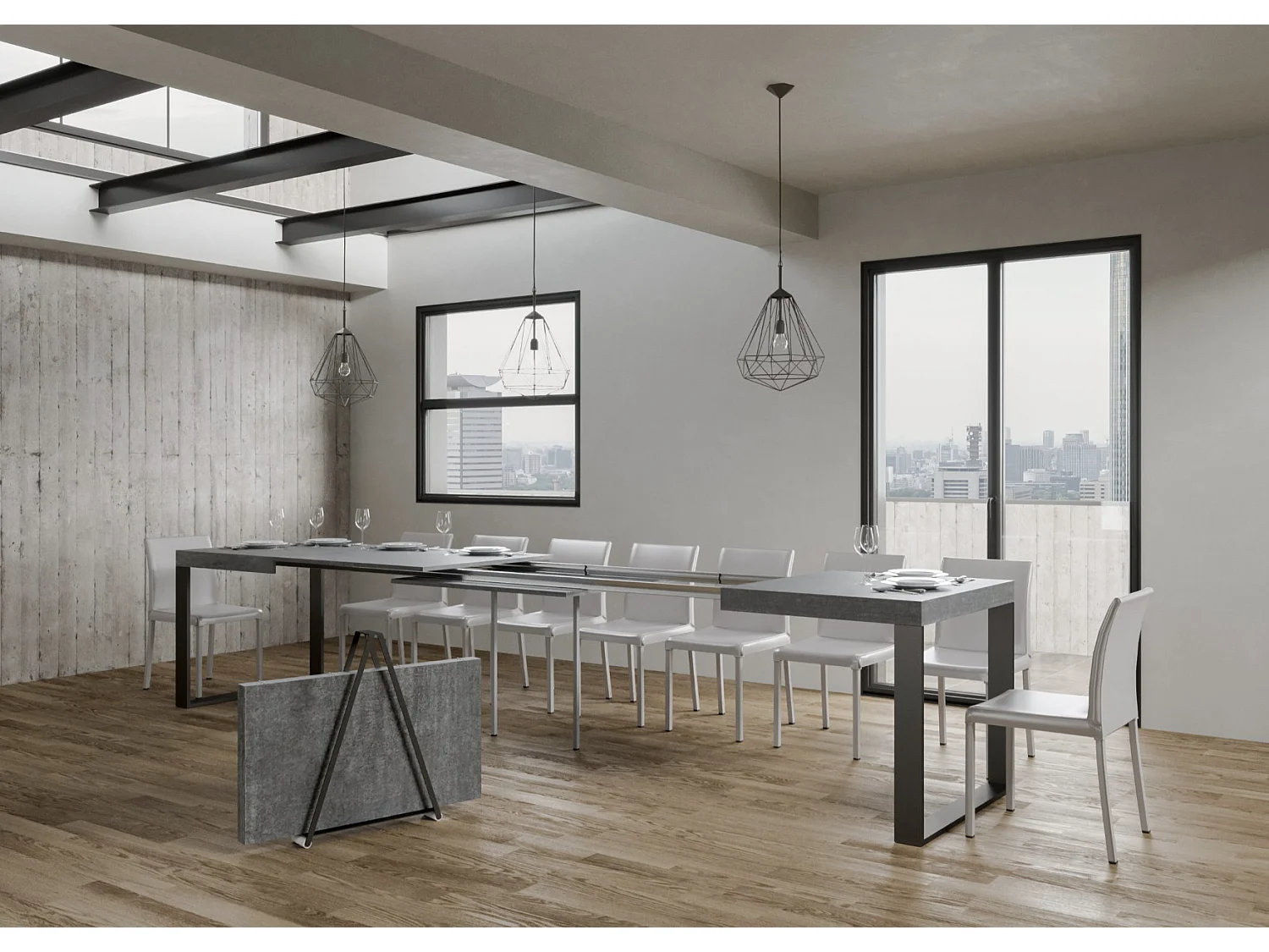 Mesa de comedor extensible tiroz-Color Gris cemento-Soporte 4 pies-5 alargaderas finas-Ancho extensible