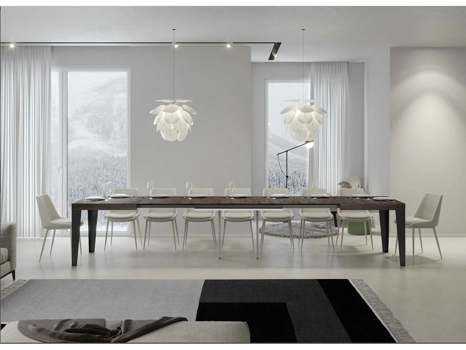 Table à manger extensible Flavio-Couleur Marron-4 pieds-5 rallonges fines-160 à 420cm