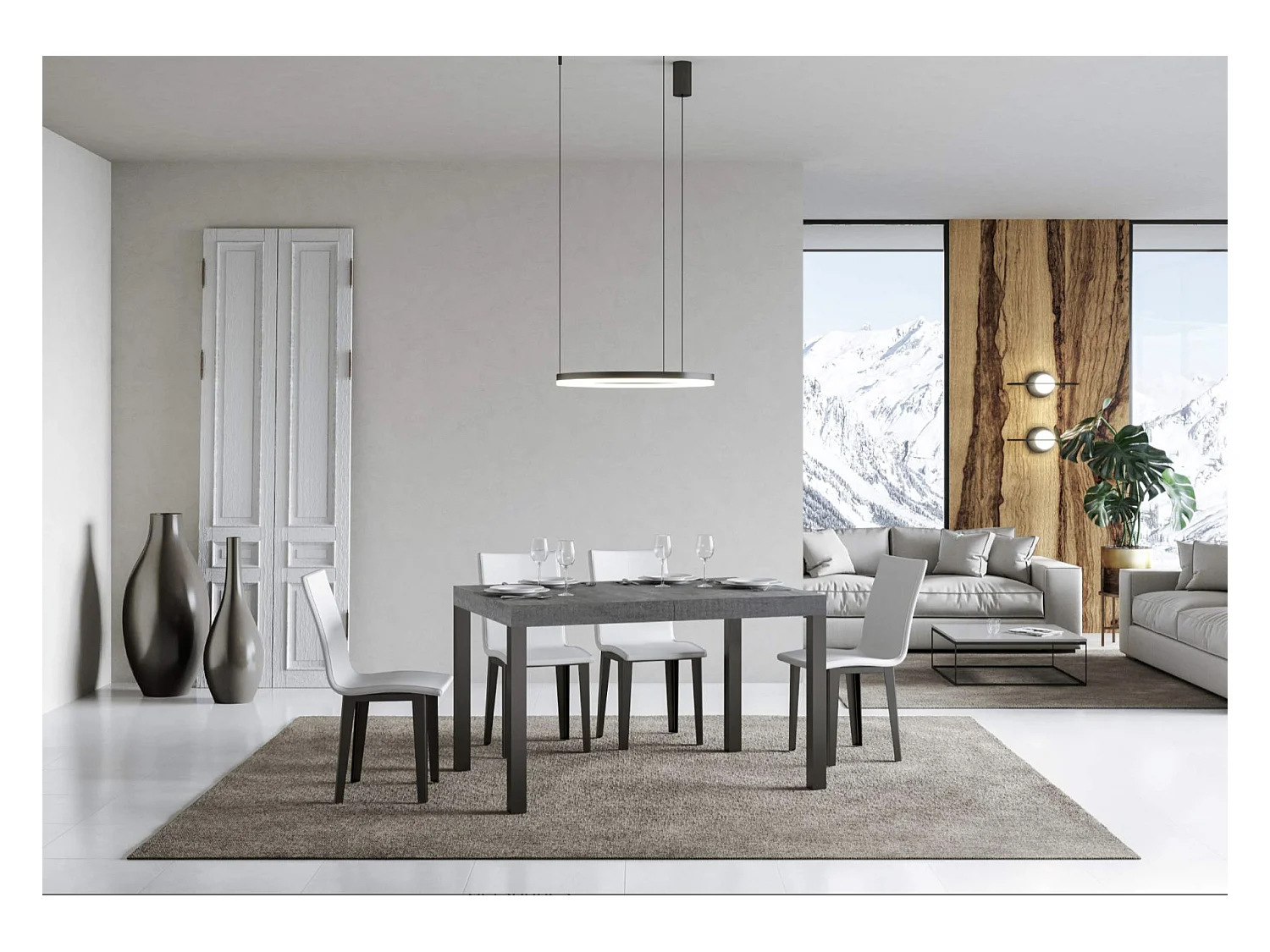 Table à manger extensible Karry-Couleur Gris ciment-4 pieds-140 à 224cm