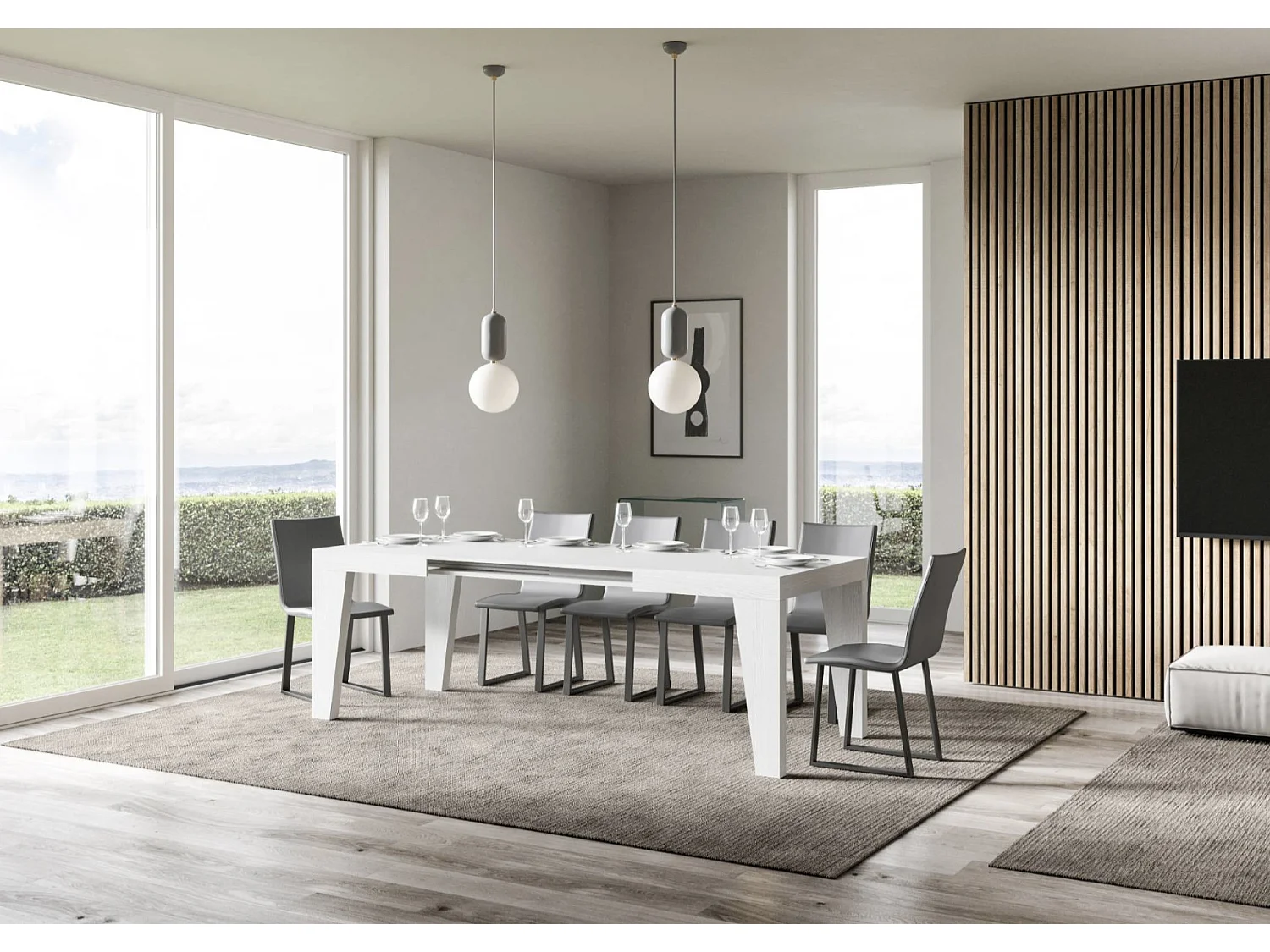 Table à manger extensible bois Naxo-Couleur Blanc-Sur roulettes-2 rallonges fines-130 à 234cm