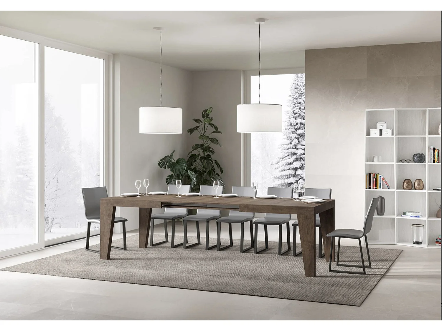 Table à manger extensible bois Naxo-Couleur Blanc-Sur roulettes-2 rallonges fines-130 à 234cm