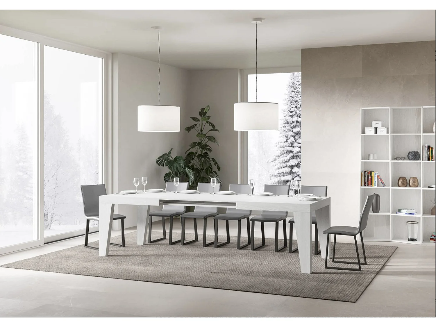 Mesa de comedor extensible de madera Naxo.-Color Blanco-Base y soporte con ruedas-5 alargaderas finas-Ancho extensible