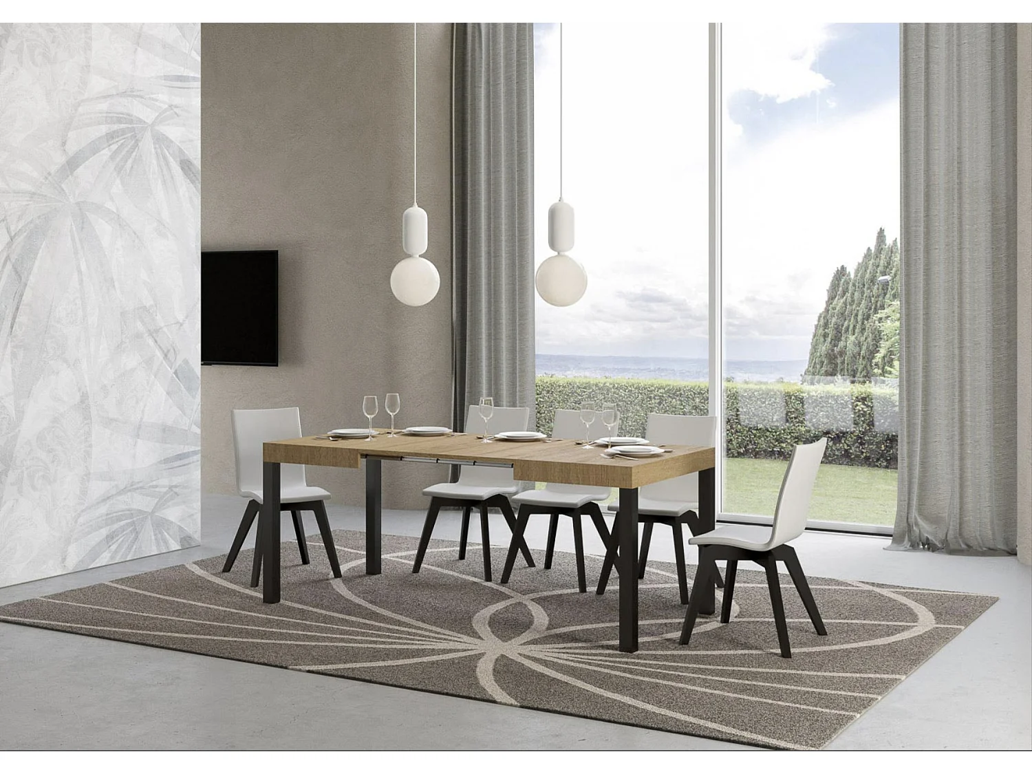 Mesa de comedor extensible Karry-Color Natural-Soporte 4 pies-Ancho extensible
