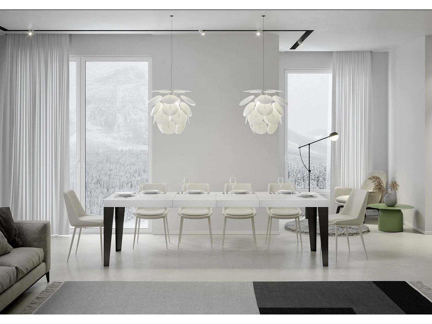 Mesa de comedor extensible Flavio-Color Blanco-Soporte 4 pies-Alargaderas -Ancho extensible