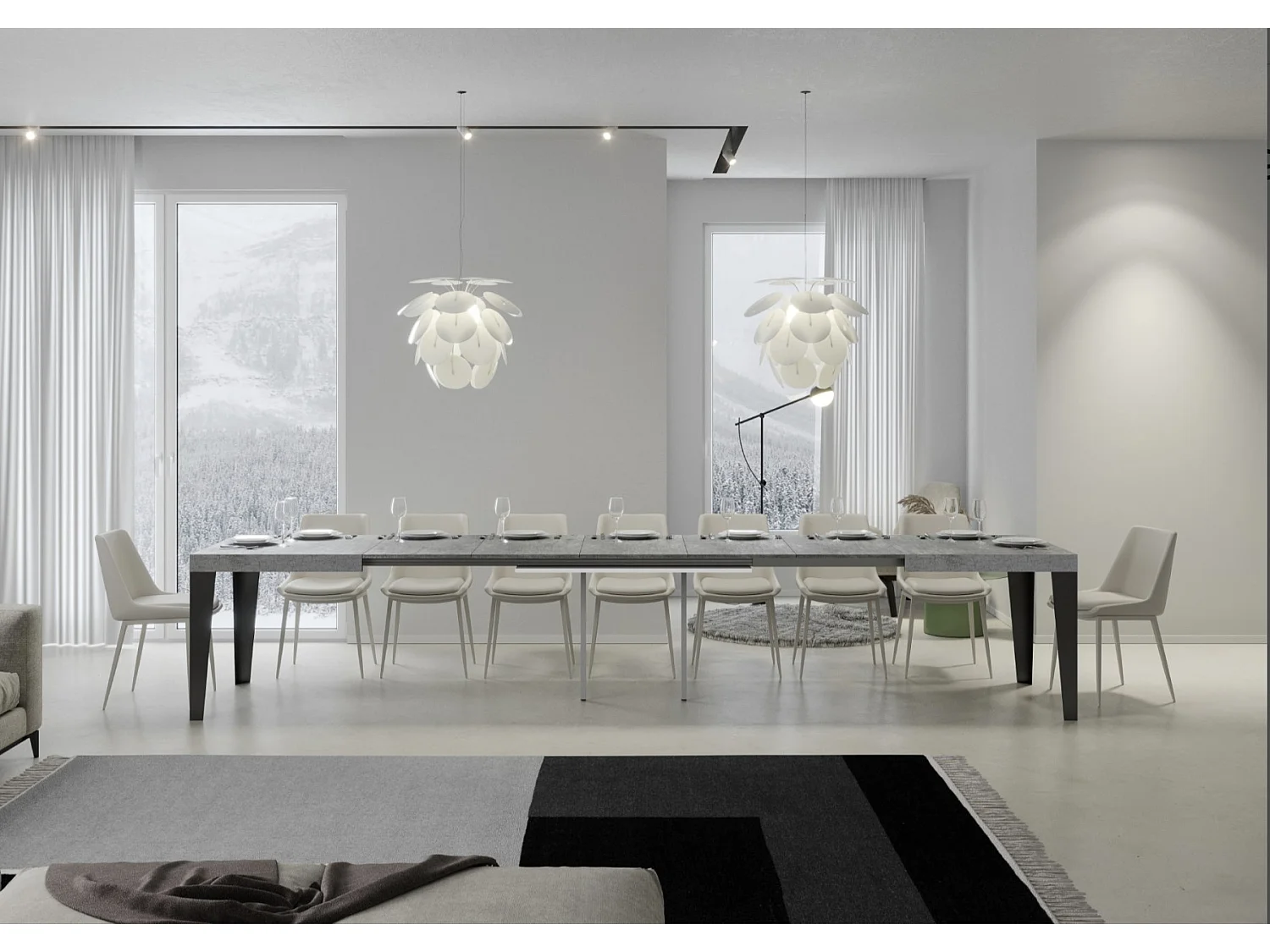 Mesa de comedor extensible Flavio-Color Gris cemento-Base y soporte con ruedas-5 alargaderas finas-Ancho extensible