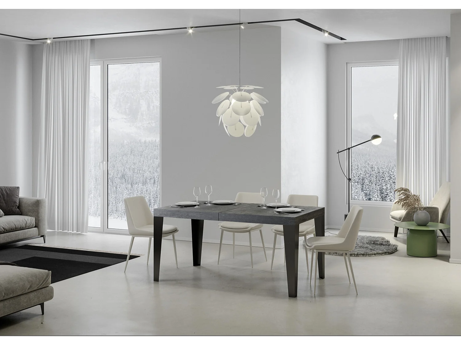 Mesa de comedor extensible Flavio-Color Gris cemento-Base y soporte con ruedas-5 alargaderas finas-Ancho extensible