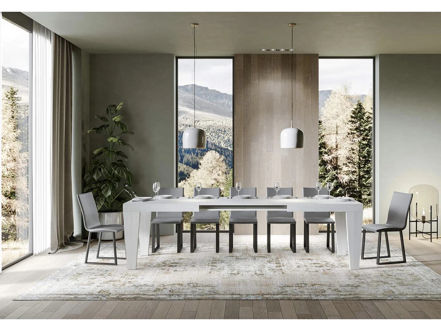 Table à manger extensible bois pieds en V Kristo-Couleur Blanc-Sur roulettes-2 rallonges fines-160 à 264cm