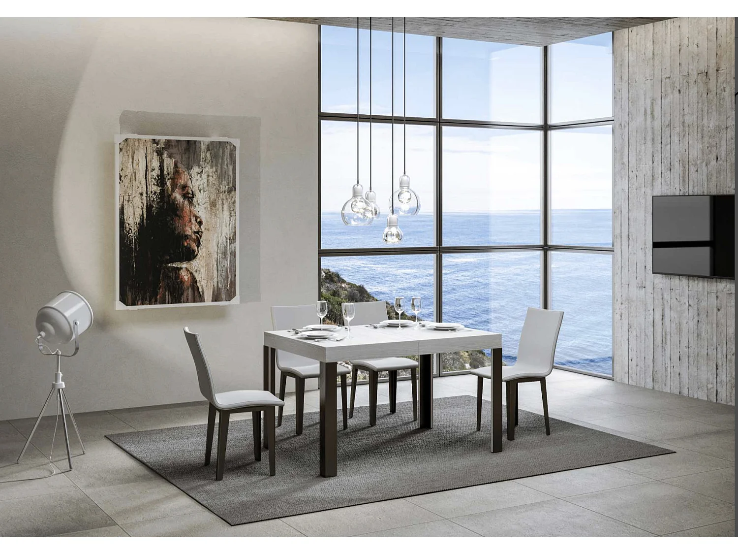 Table extensible bois pieds bois et acier anthracite Liva-Couleur Blanc-4 pieds-130 à 234cm