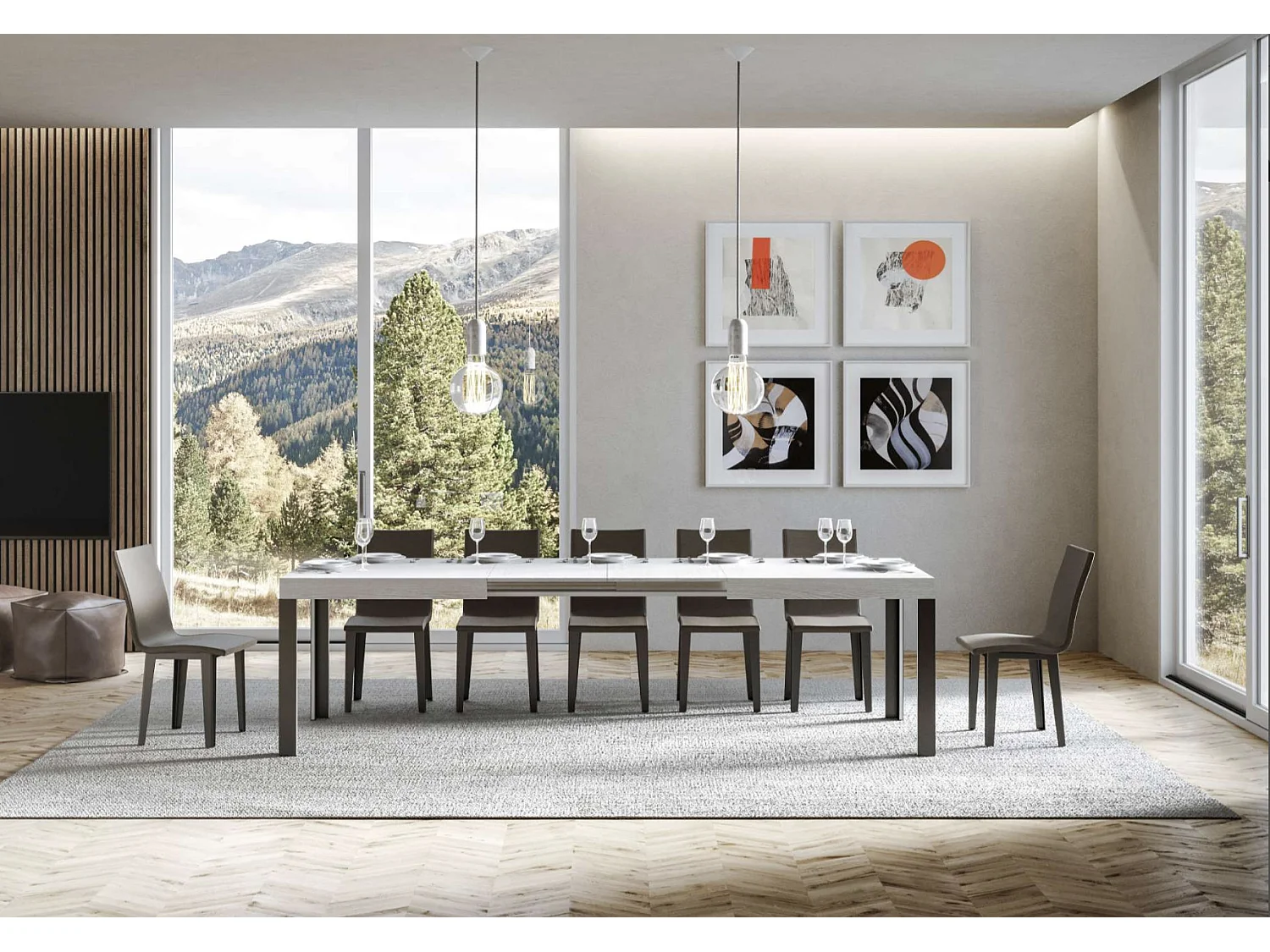 Table extensible bois pieds bois et acier anthracite Liva-Couleur Blanc-4 pieds-130 à 234cm