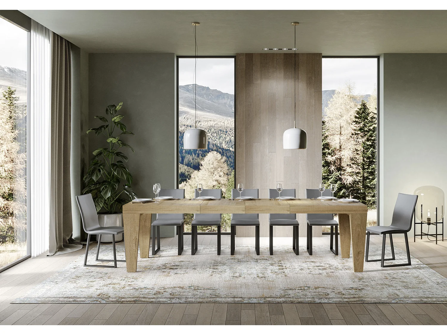 Mesa de comedor extensible de madera Kristo patas en V-Color Natural-Soporte 4 pies-Alargaderas -Ancho extensible