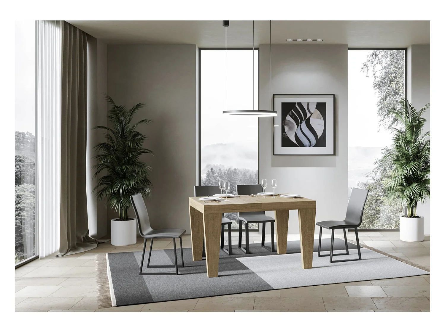 Table à manger extensible bois pieds en V Kristo-Couleur Naturel-4 pieds-2 rallonges épaisses-130 à 234cm