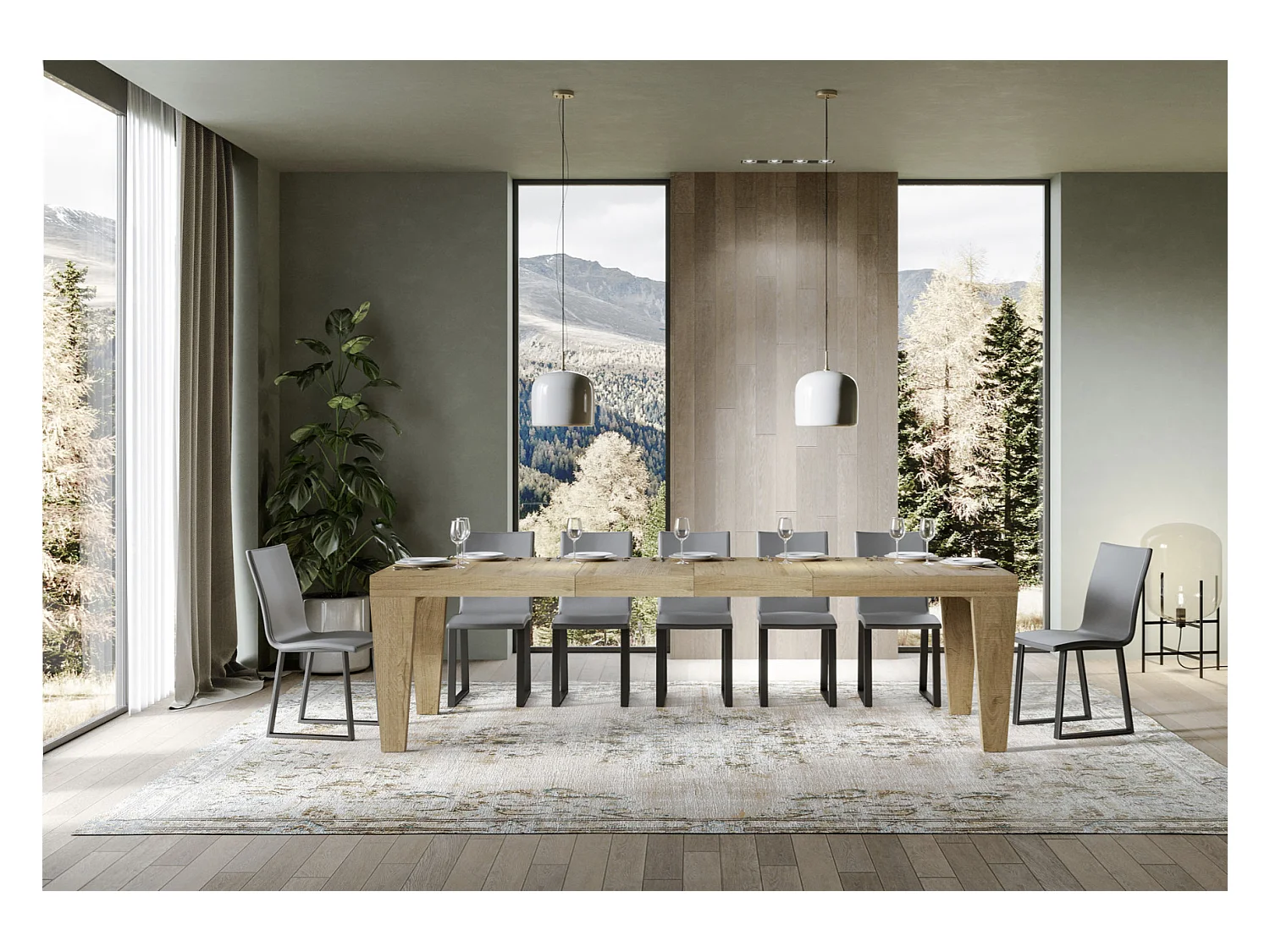 Table à manger extensible bois pieds en V Kristo-Couleur Naturel-4 pieds-2 rallonges épaisses-130 à 234cm