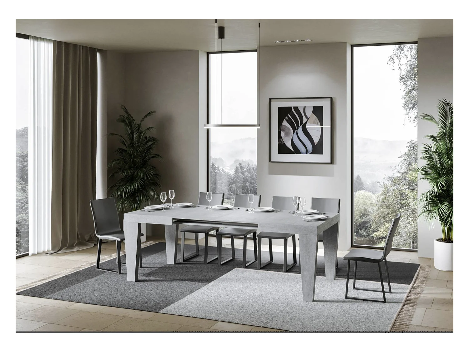 Kristo uitschuifbare houten V-poot eettafel-Kleur Cementgrijs-Steun 4 voet-Verlengsnoeren -Uitschuifbare breedte