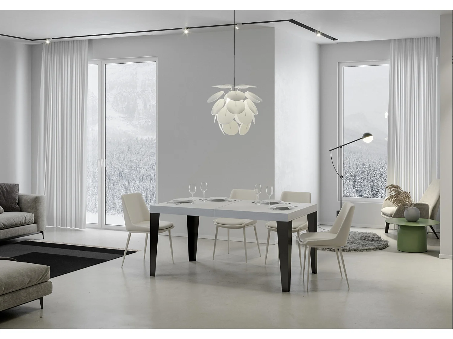 Mesa de comedor extensible Flavio-Color Blanco-Soporte 4 pies-5 alargaderas finas-Ancho extensible