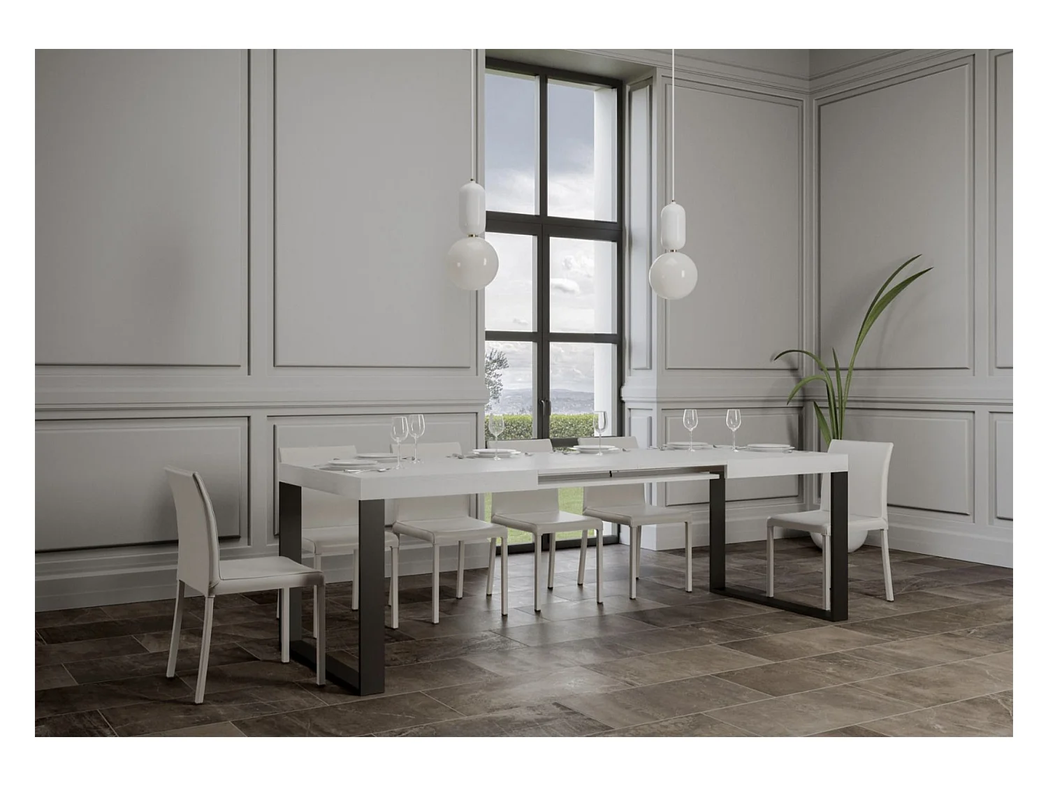 Table à manger extensible Tiroz-Couleur Blanc-4 pieds-2 rallonges fines-180 à 284cm