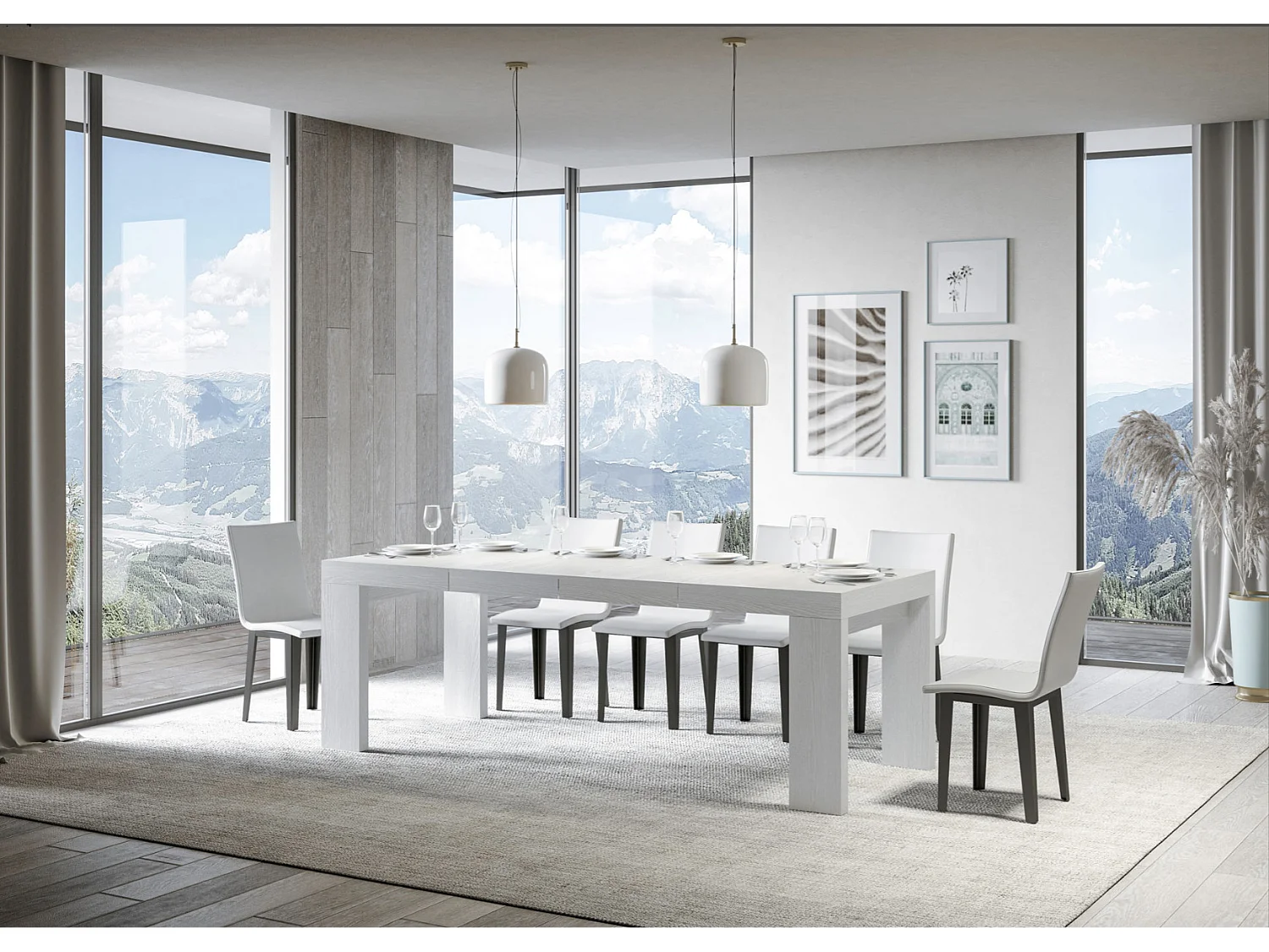 Ribo uitschuifbare houten eettafel-Kleur Wit-Steun 4 voet-Verlengsnoeren -Uitschuifbare breedte