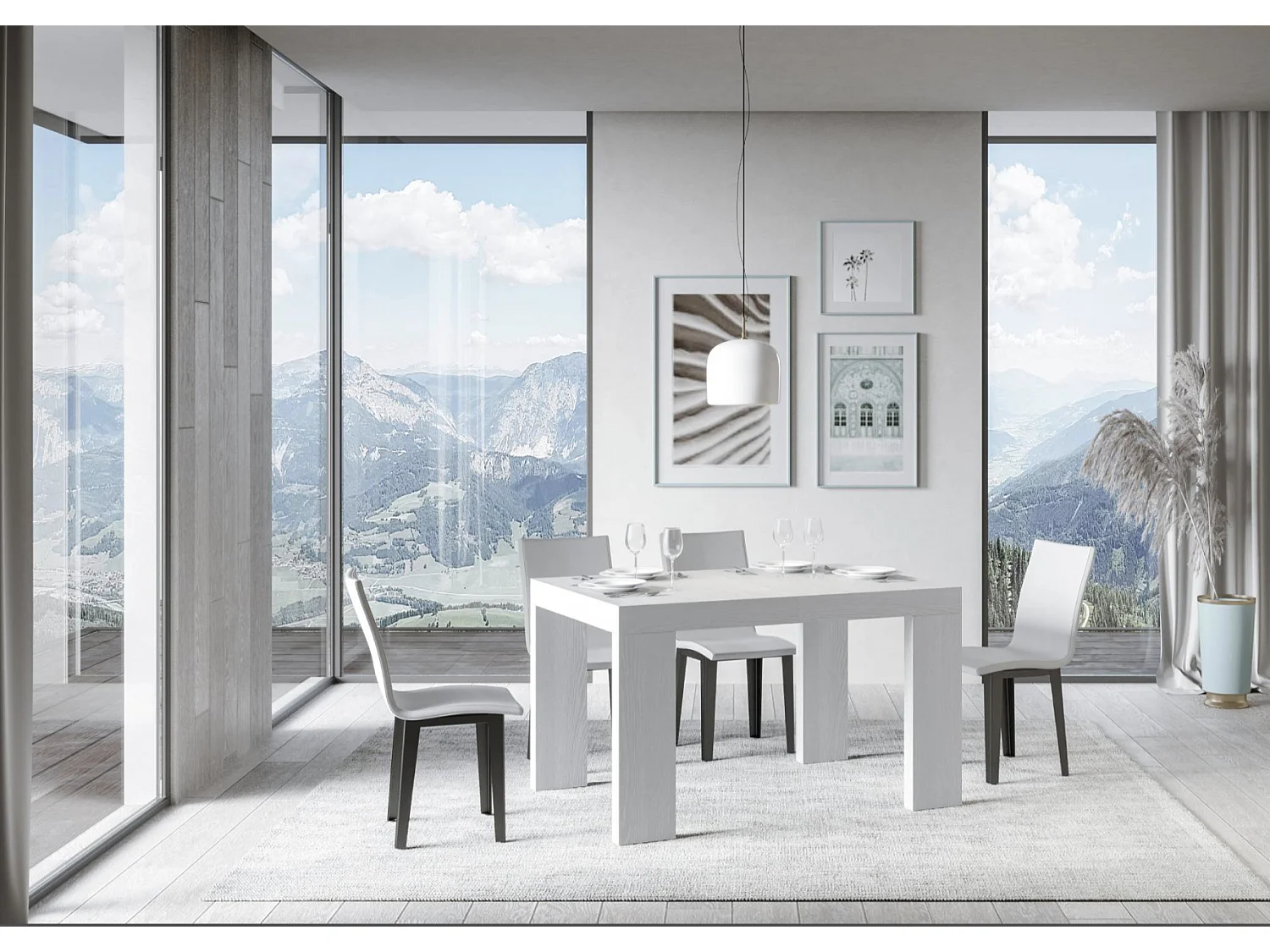 Ribo uitschuifbare houten eettafel-Kleur Wit-Steun 4 voet-Verlengsnoeren -Uitschuifbare breedte