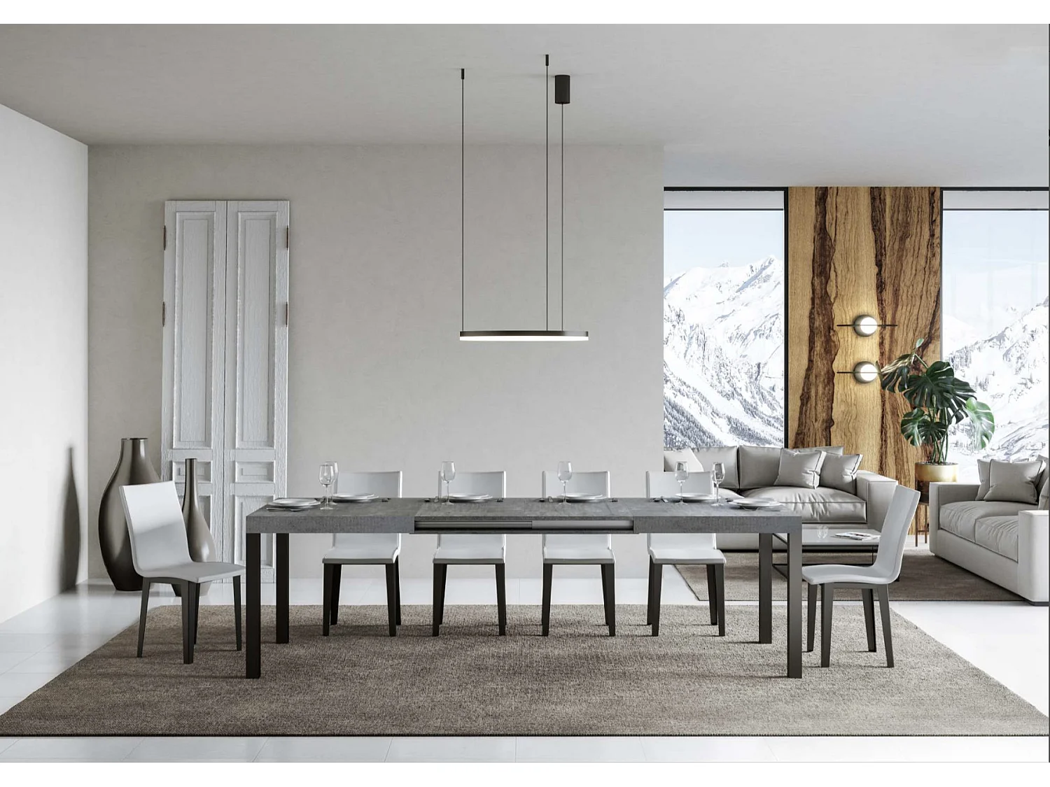 Table à manger extensible Karry-Couleur Gris ciment-Sur roulettes-180 à 284cm