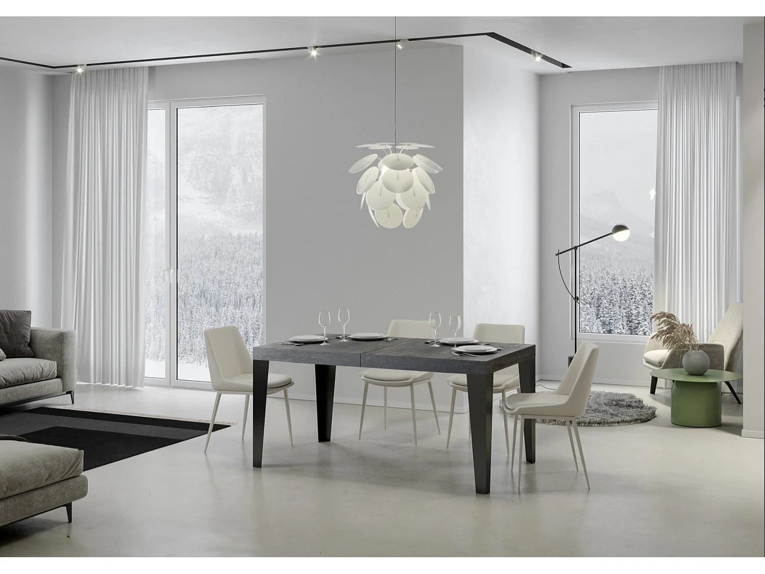 Mesa de comedor extensible Flavio-Color Gris cemento-Soporte 4 pies-Alargaderas -Ancho extensible