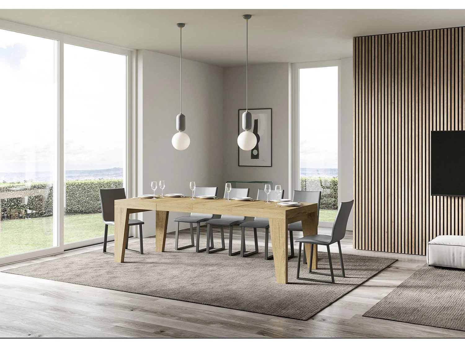 Table à manger extensible bois Naxo-Couleur Naturel-4 pieds-2 rallonges épaisses-130 à 234cm