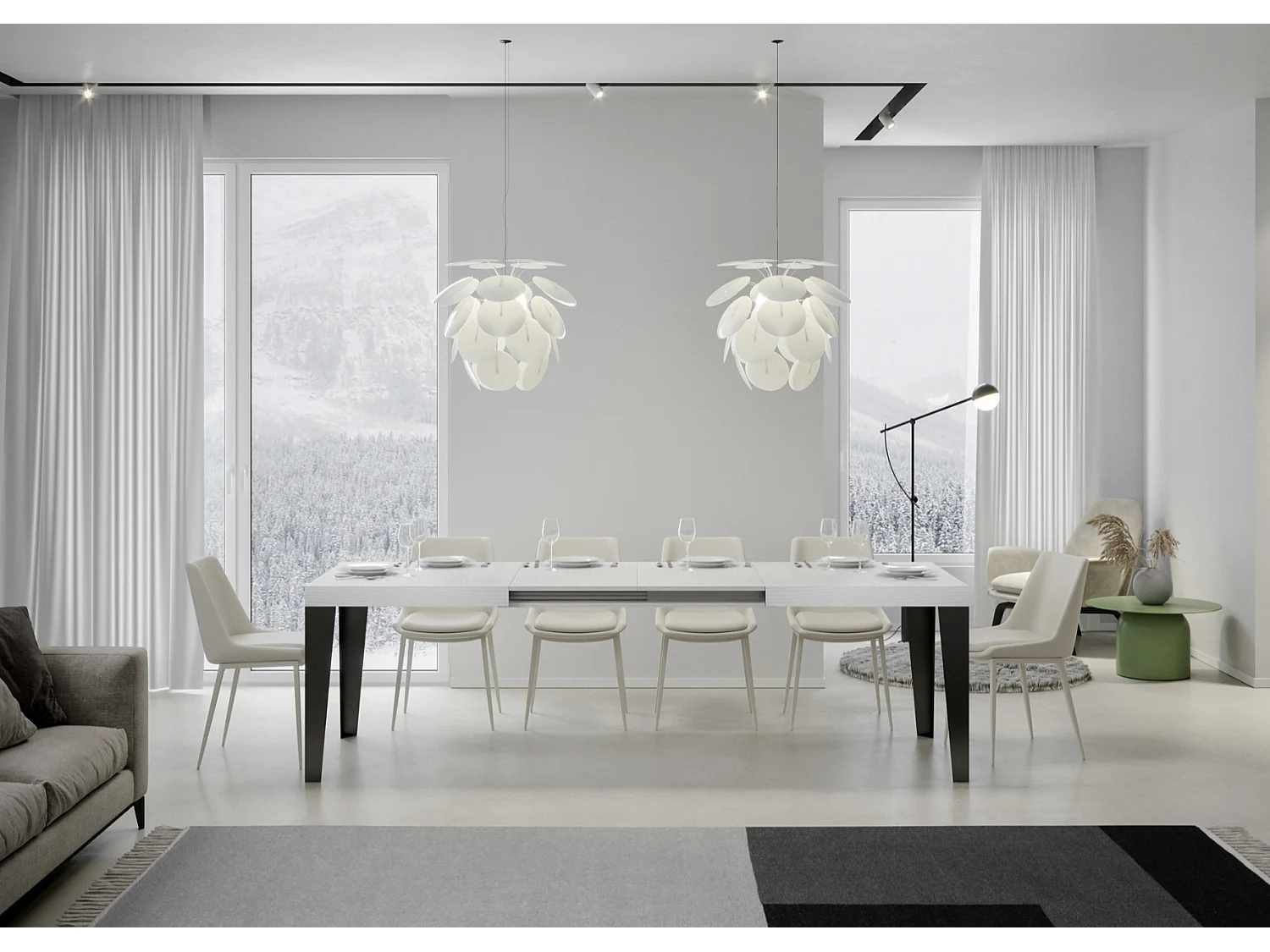 Mesa de comedor extensible Flavio-Color Blanco-Soporte 4 pies-Alargaderas -Ancho extensible