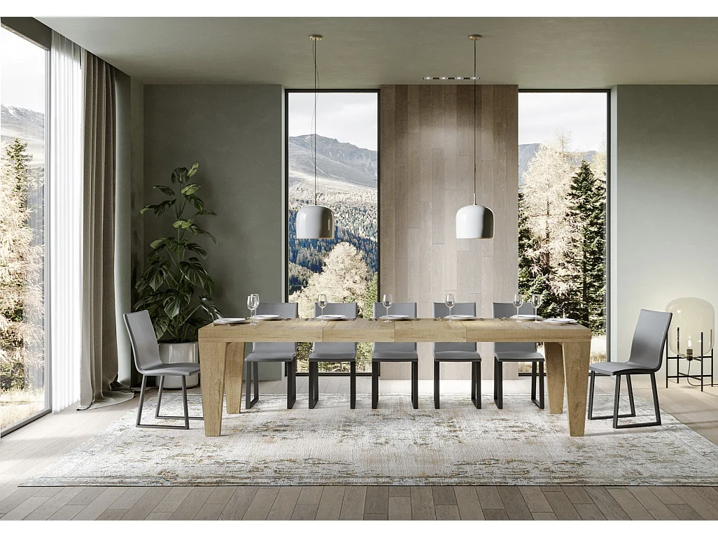 Table à manger extensible bois pieds en V Kristo-Couleur Gris ciment-4 pieds-2 rallonges épaisses-130 à 234cm