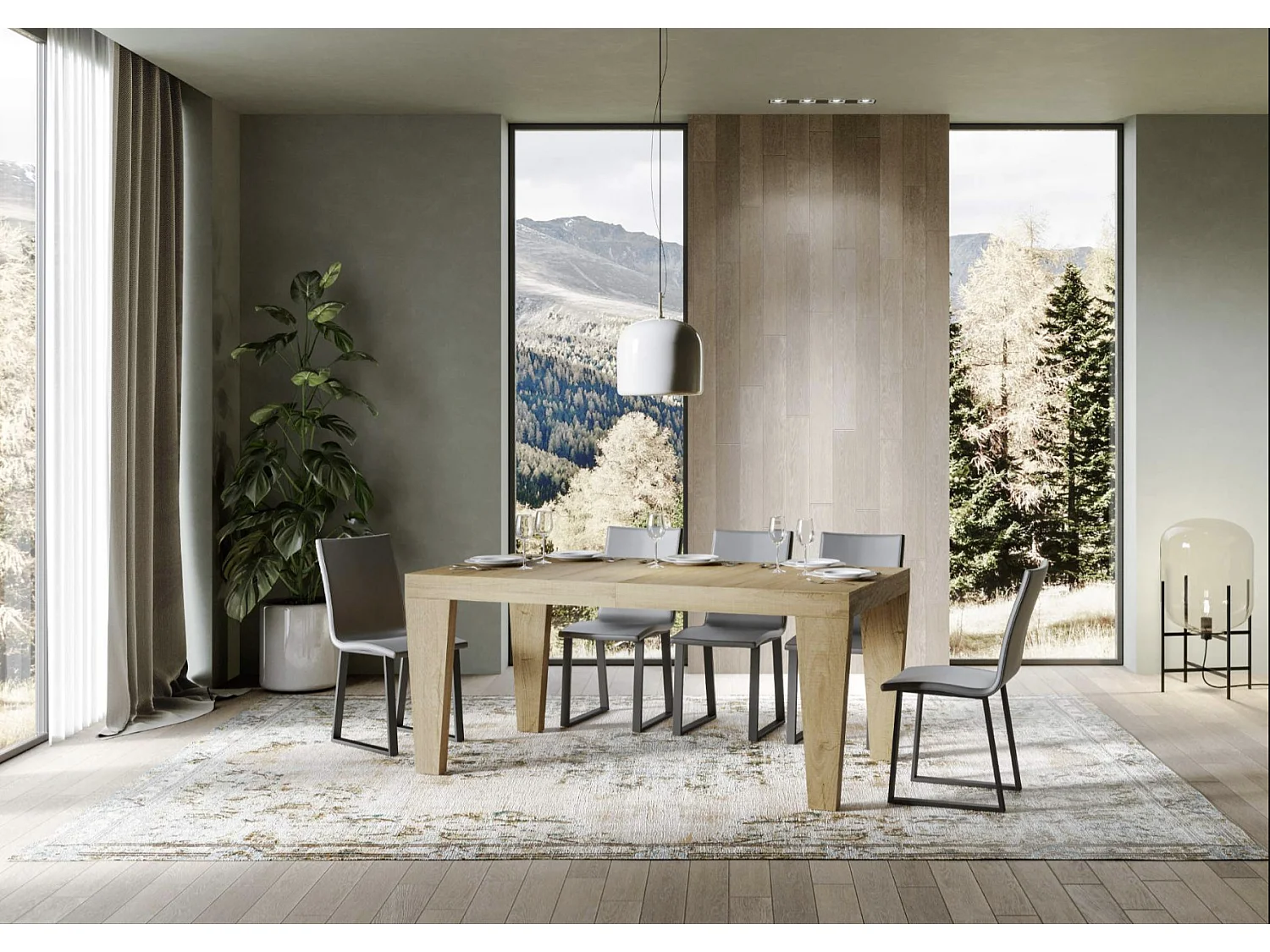 Table à manger extensible bois pieds en V Kristo-Couleur Gris ciment-4 pieds-2 rallonges épaisses-130 à 234cm