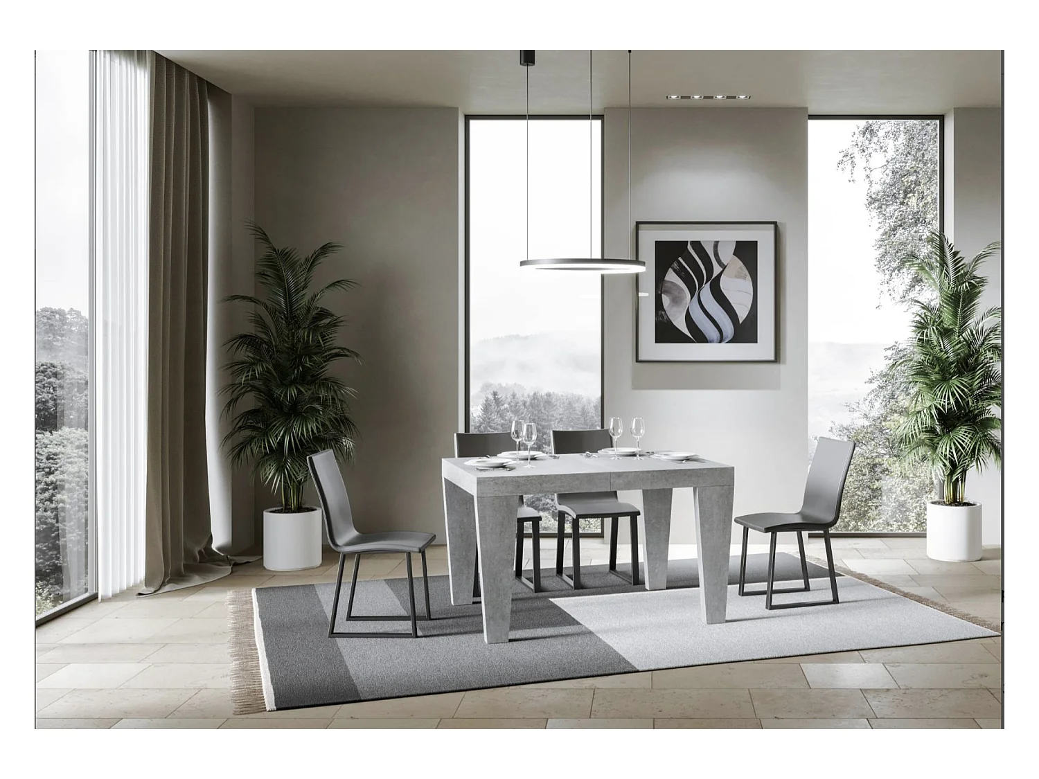 Kristo uitschuifbare houten V-poot eettafel-Kleur Cementgrijs-Steun 4 voet-Verlengsnoeren -Uitschuifbare breedte