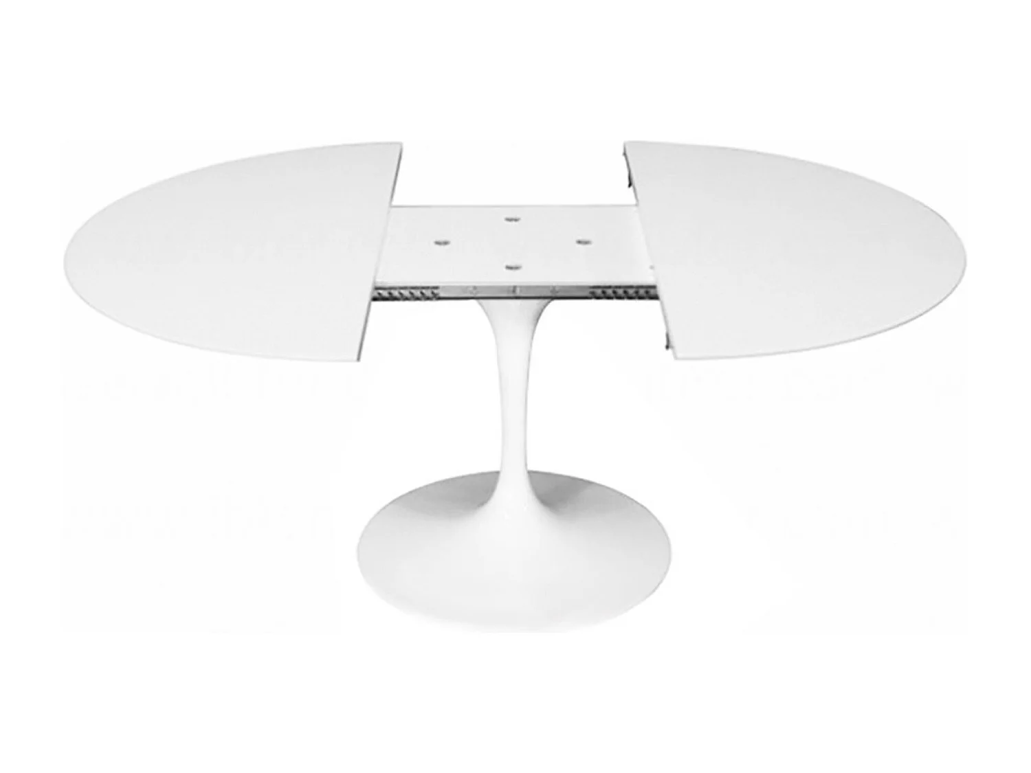 Table tulipe ronde extensible-Plateau Blanc mat-Largeur 100/145 cm-Piètement Blanc brillant