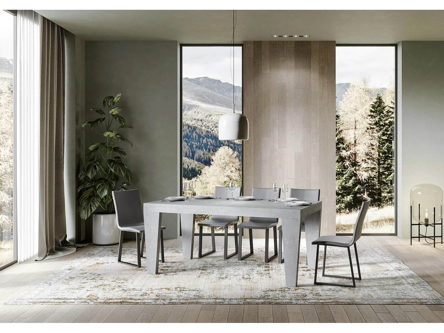 Table à manger extensible bois pieds en V Kristo-Couleur Gris ciment-Sur roulettes-2 rallonges fines-160 à 264cm