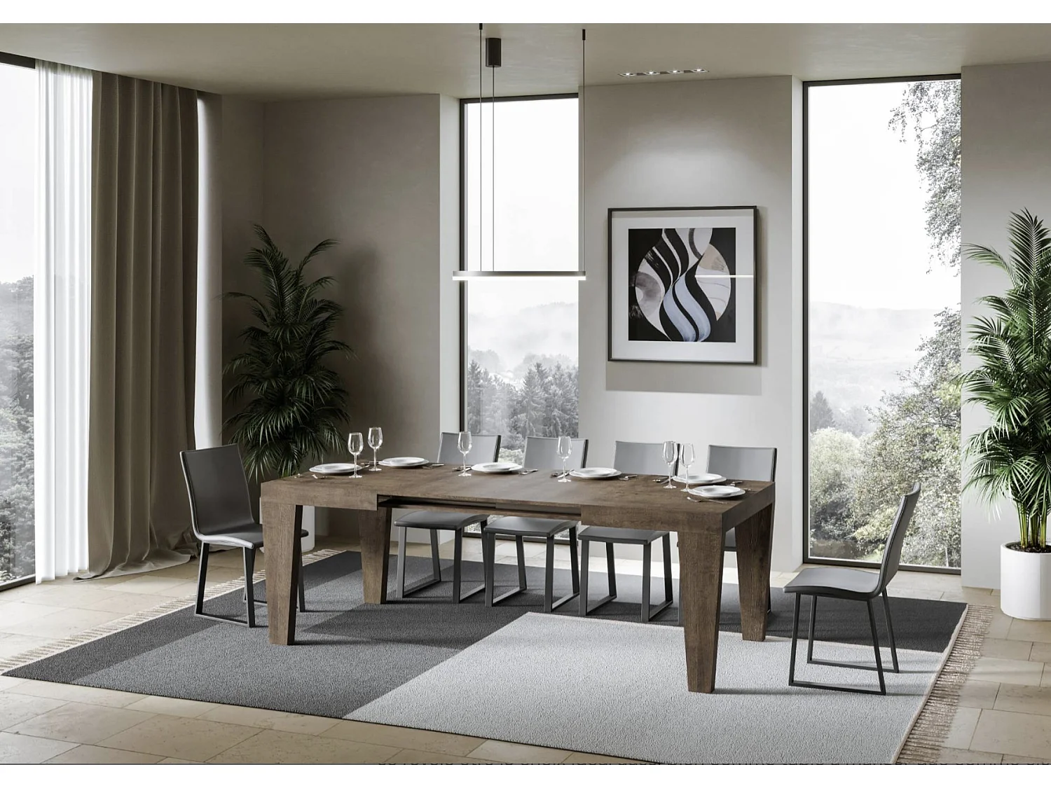 Mesa de comedor extensible de madera Kristo patas en V-Color Marrón-Base y soporte con ruedas-5 alargaderas finas-Ancho extensible