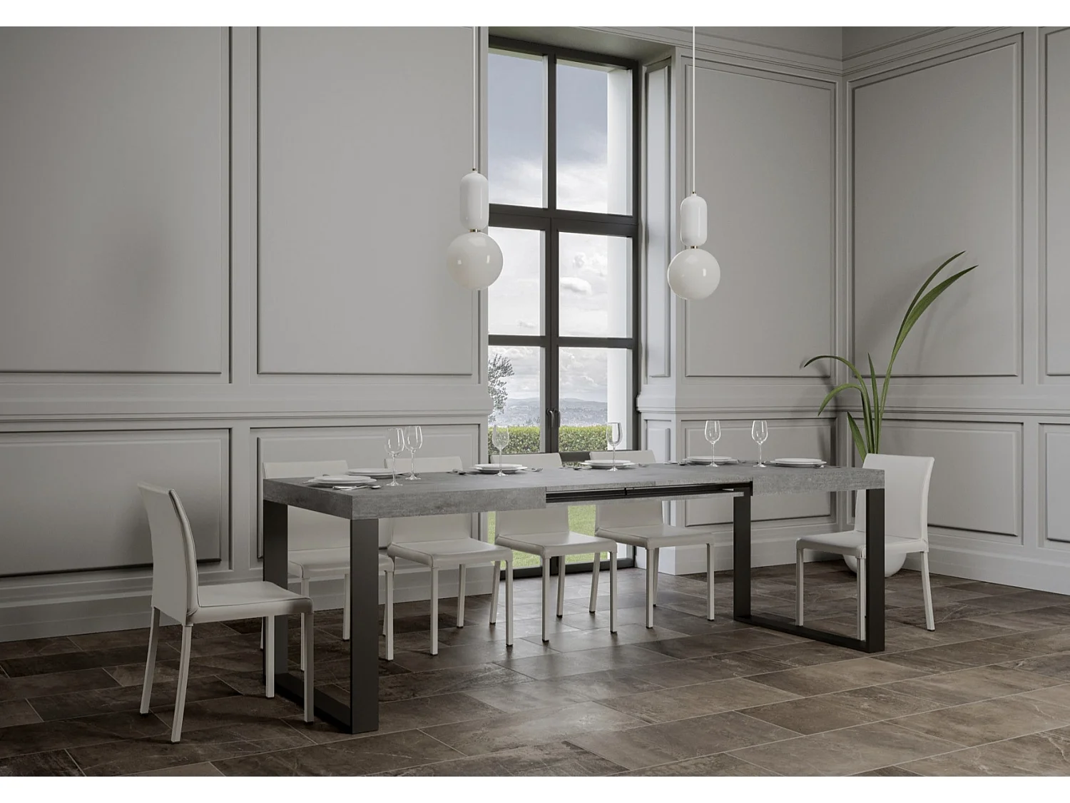 Table à manger extensible Tiroz-Couleur Gris ciment-Sur roulettes-2 rallonges fines-160 à 264cm