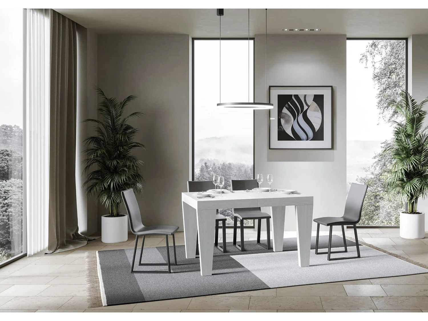 Mesa de comedor extensible de madera Kristo patas en V-Color Blanco-Base y soporte con ruedas-5 alargaderas finas-Ancho extensible
